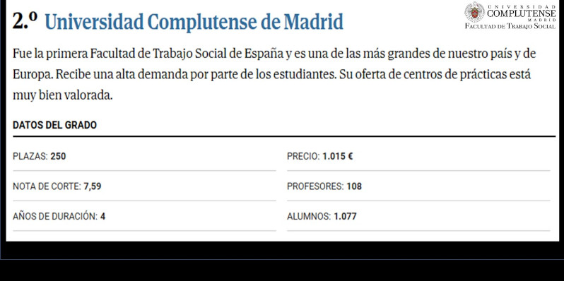El Grado en Trabajo Social UCM en 2º posición en el Ranking 50 carreras publicado por el diario El Mundo